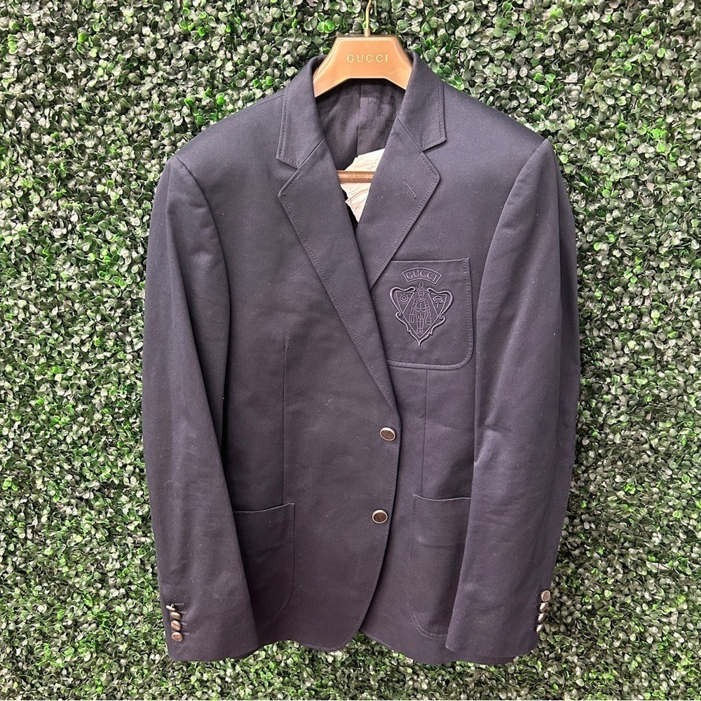 Gucci Men's Cotton Linen Hysteria Crest Blazer Jacket - Navy Blue + Garment Bag